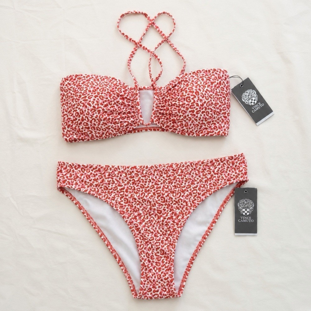 Vince Camuto Swim Bikini Set Cinnabar Pink Leopard Animal Bandeau Size L